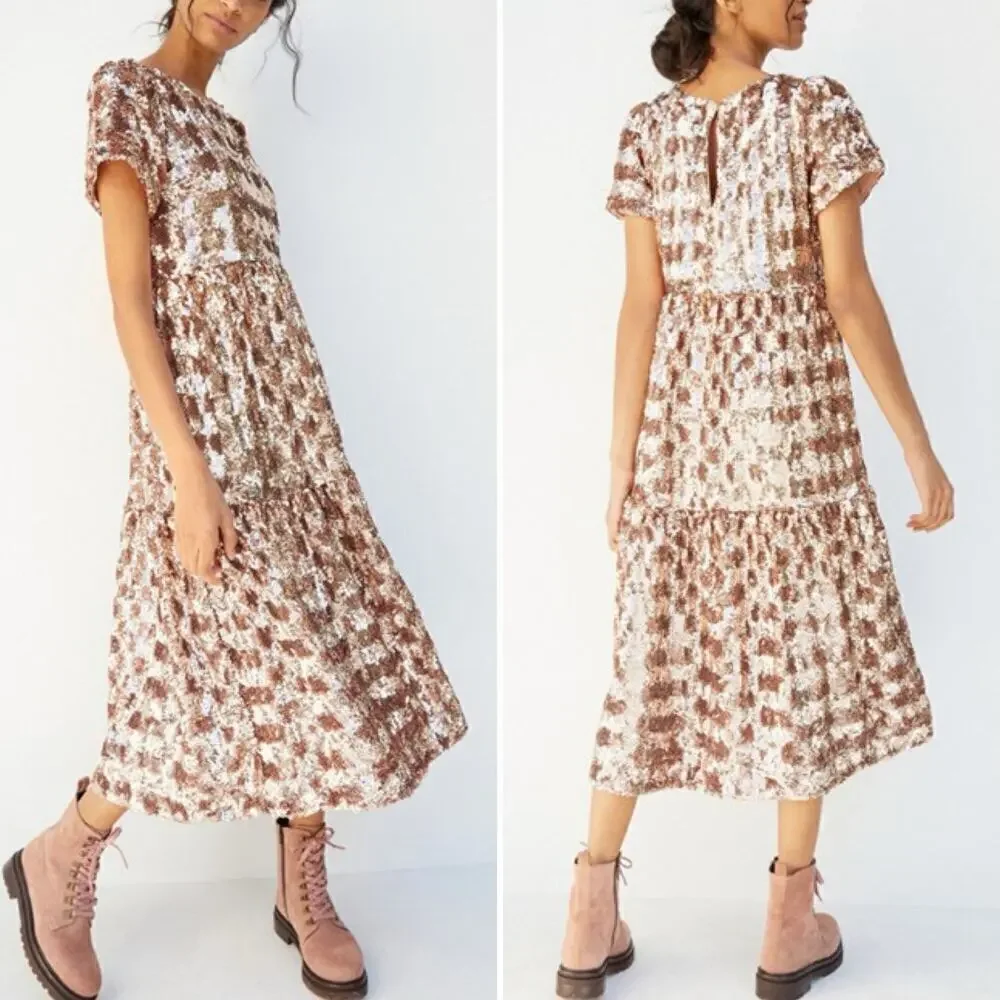 Maeve by Anthropologie Bernadette Tiered Sequin Midi Dress Rose Gold Small NWT